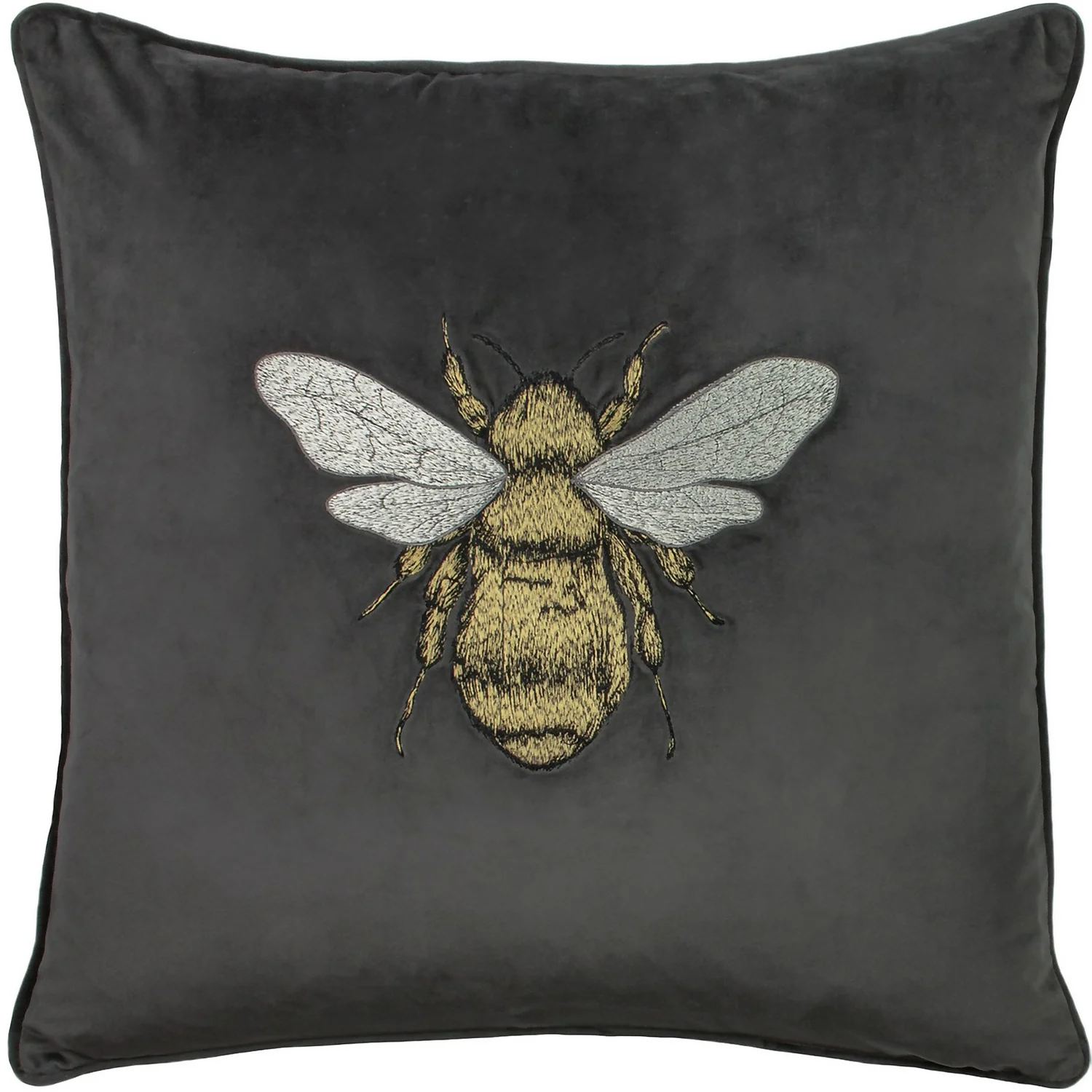 Bee Embroidered Velvet Cushion - Charcoal 1 Bee Embroidered Velvet Cushion - Charcoal