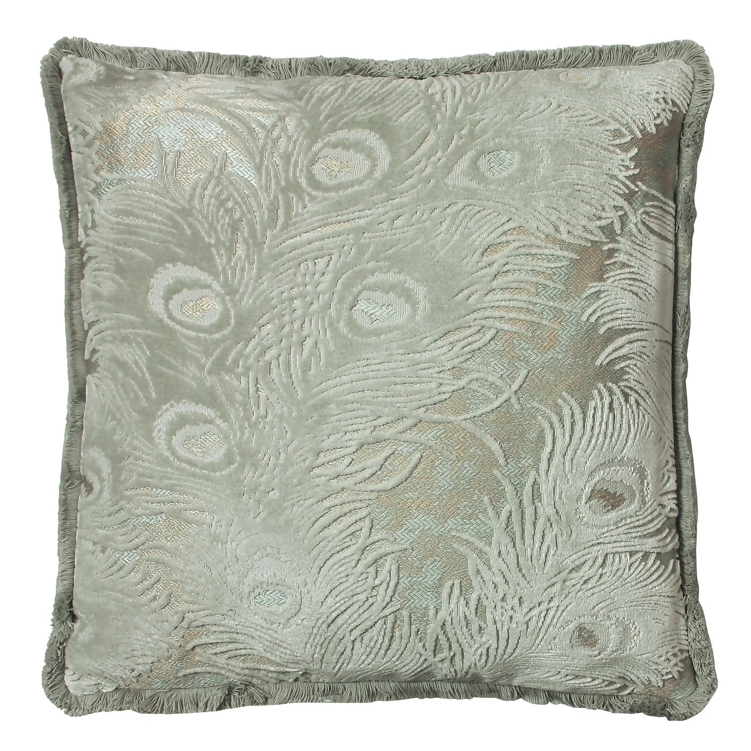 Peacock Cut Velvet Cushion With Fringe - 45x45cm 1 Peacock Cut Velvet Cushion With Fringe - 45x45cm