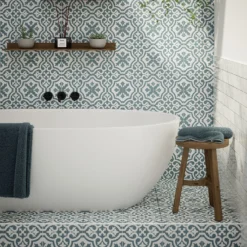 Fiore Teal / White Victorian Pre-scored Porcelain Wall & Floor Tile 450 X 450mm - 1.42sqm Pack -Homebase Furniture Store 13220597 7264909608388476