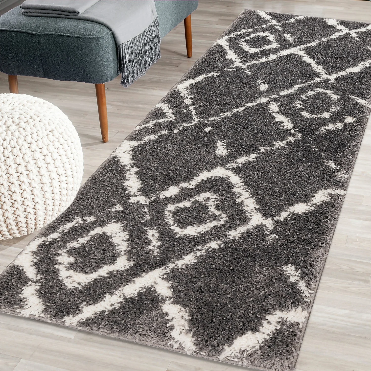 Deluxe Berber Shaggy Runner - Charcoal & White - 180x67cm 2 Deluxe Berber Shaggy Runner - Charcoal & White - 180x67cm - Image 2